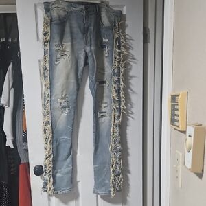 Smoke Rise NY Stylish Men's Relaxed Distressed Jeans with Fringe